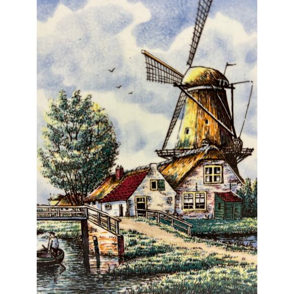 Delftware Vintage Ceramic Tile Hand Painted Wall Hanging Windmill Boat Bridge 6" - Picture 2 of 6